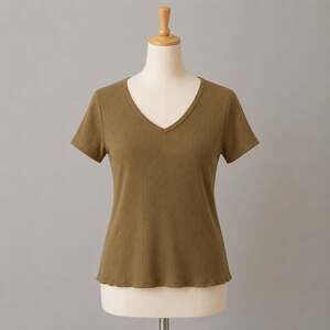 Cyrus Essentials Womens Large Ribbed Knit V-Neck Top Olive Short Sleeve Stretch